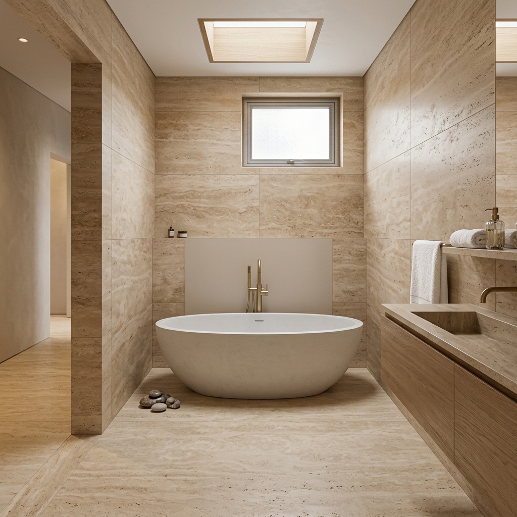 Bathroom after stone finishing and fixture installation