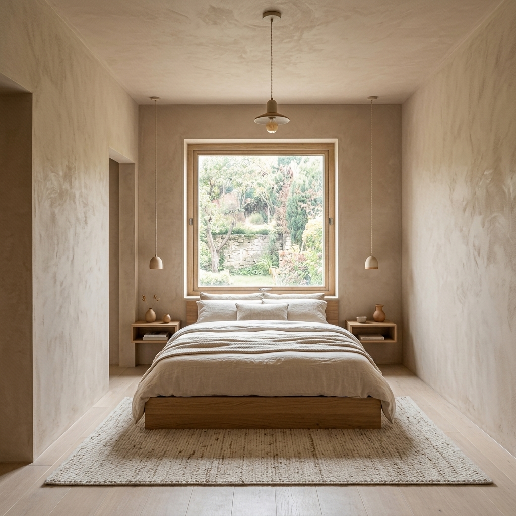 Bedroom after warm minimal interior completion