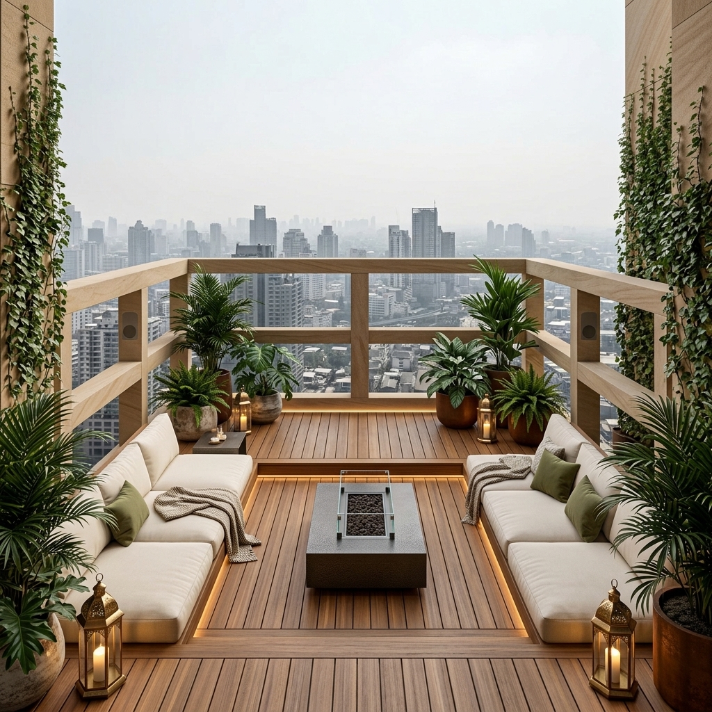 High-rise balcony after landscaping and furnishing