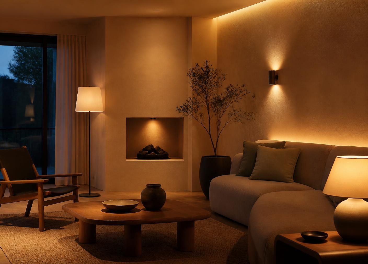 Living room at dusk lit by layered lamps and wall sconces