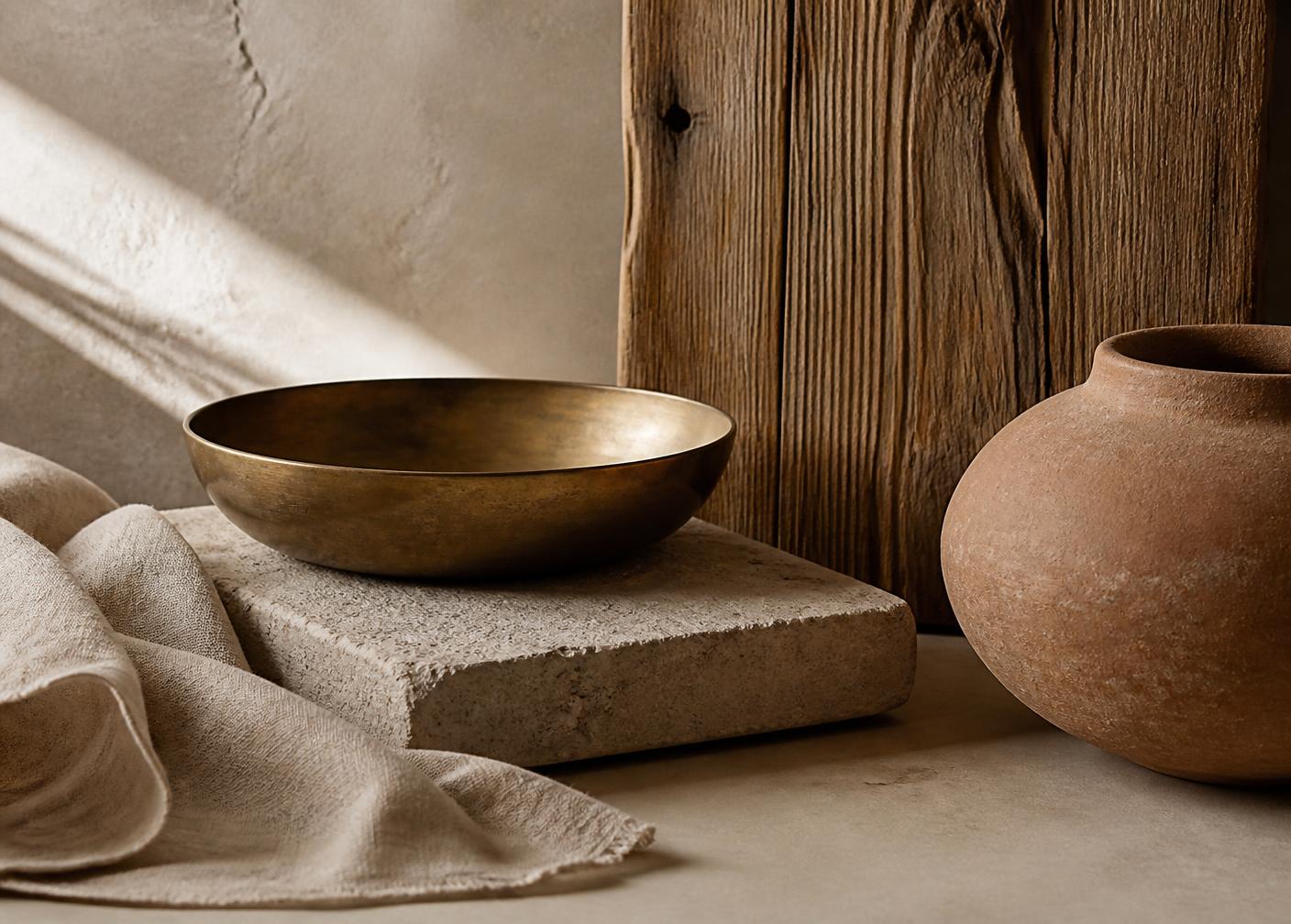 Still life of brass, weathered teak, limestone and linen