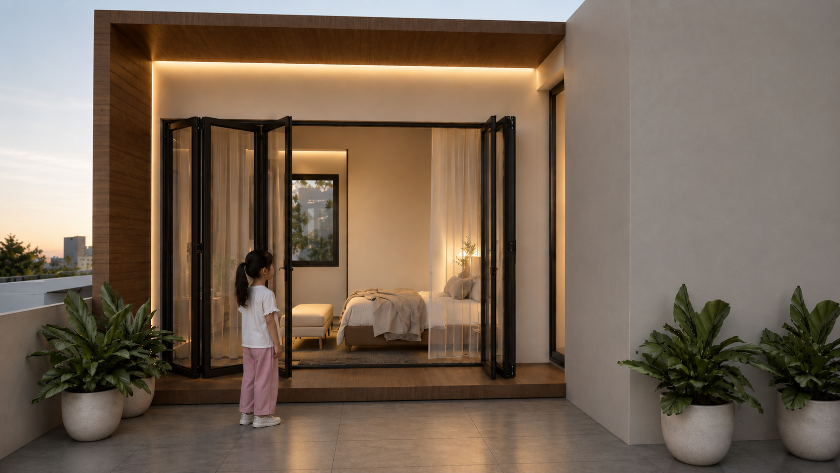 Balcony sit-out attached to bedroom with plants and warm lighting