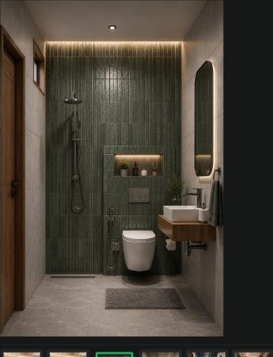 Compact bathroom with green tile shower wall