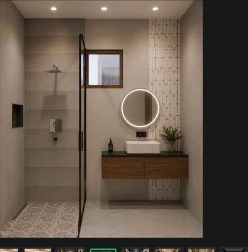 Bathroom with glass shower partition and round mirror vanity
