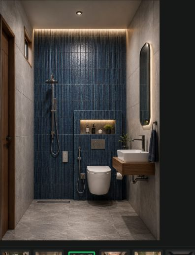 Bathroom with dark blue accent tile and brass fixtures