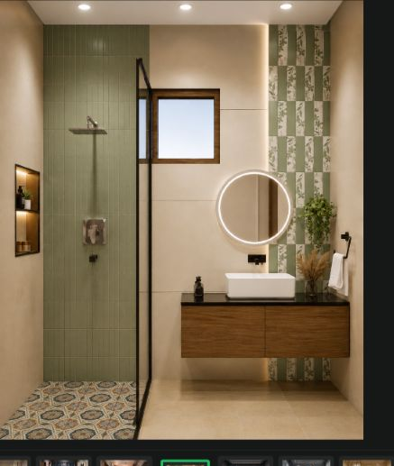 Bathroom with green wall tile, vanity and round mirror