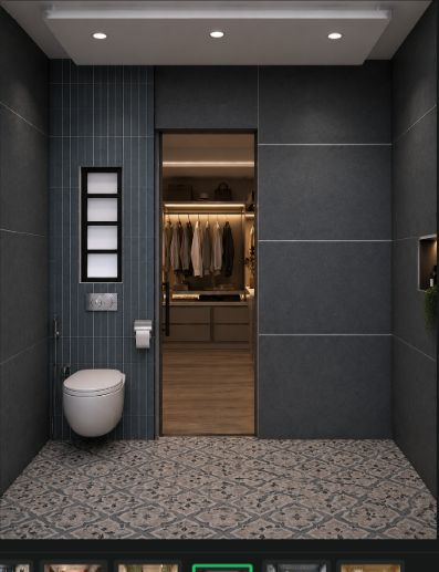 Dark grey bathroom with shower and vanity opening