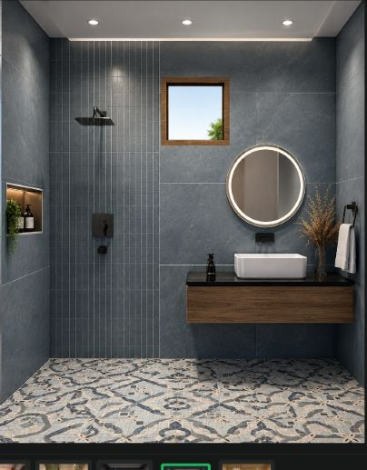 Bathroom with grey wall tile and wood vanity
