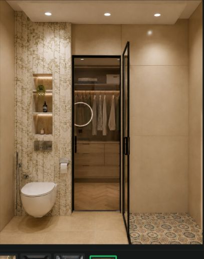 Beige bathroom with shower partition and warm stone tiles