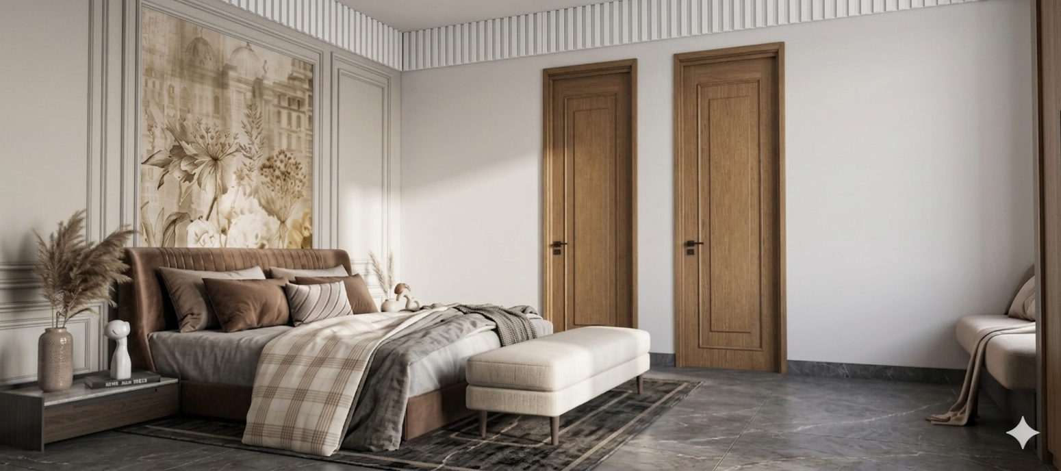 Master bedroom with soft wall paneling and wardrobes