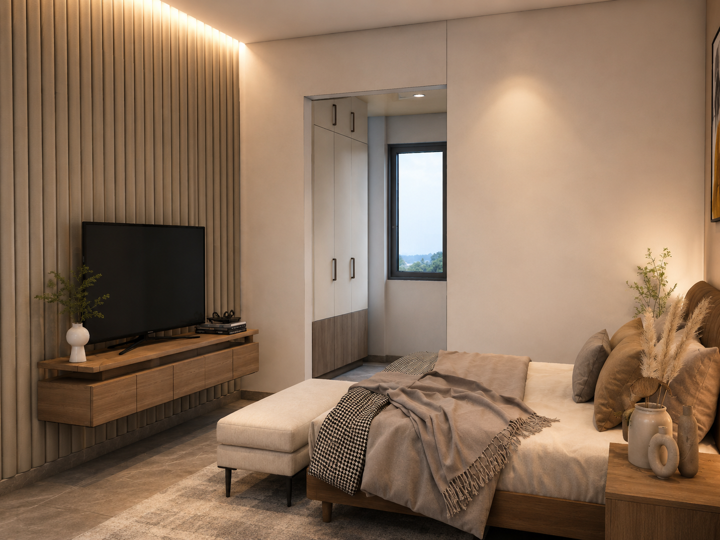 Bedroom with TV wall and warm wood panel