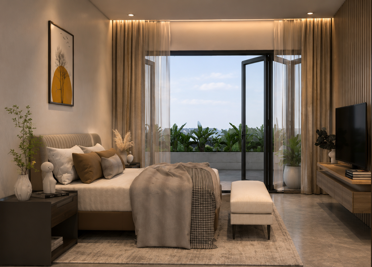 Bedroom with balcony doors, TV panel and upholstered bed