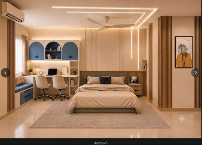Bedroom with blue arch storage and warm headboard wall