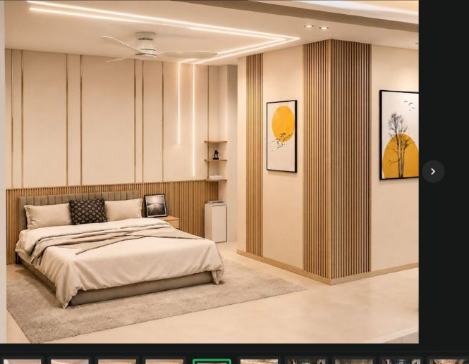 Neutral bedroom with wardrobe wall and soft ceiling lighting