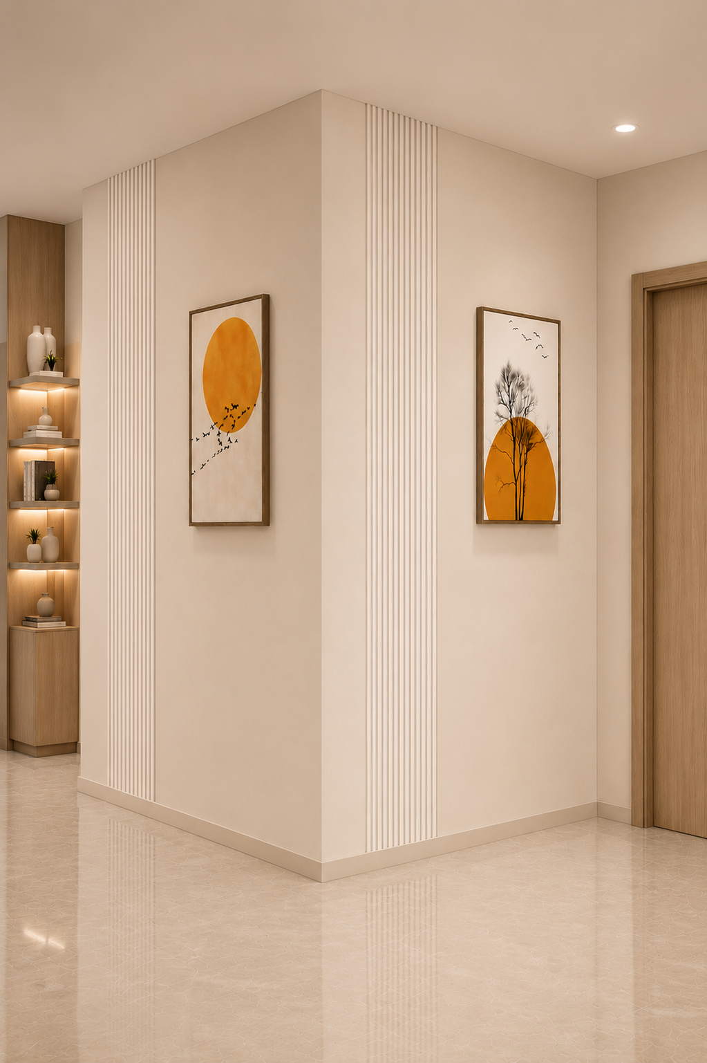 Interior passage with art, warm lighting and storage niche