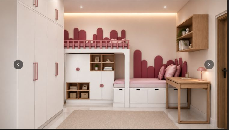 Pink and white kids bedroom with study desk
