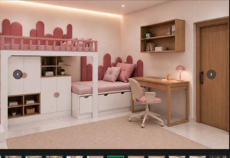 Kids bedroom with pink storage wall and study table