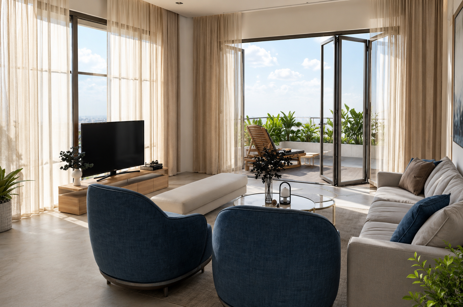 Living room with TV wall, lounge seating and balcony light
