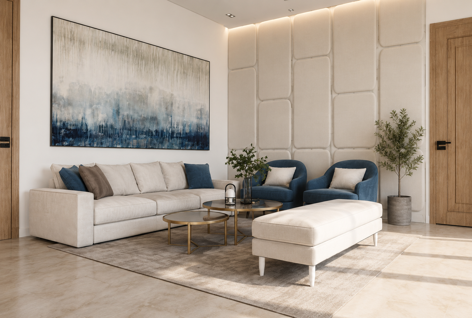 Neutral living room with art wall and accent chairs