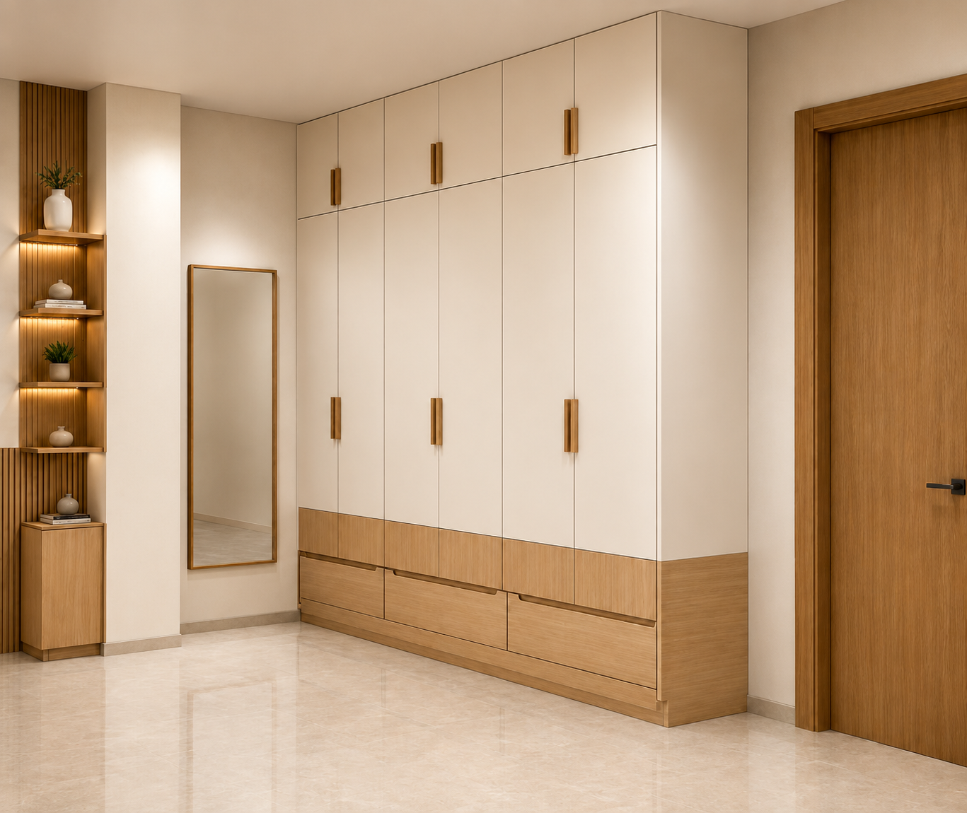 Wardrobe wall with loft storage and warm wood base