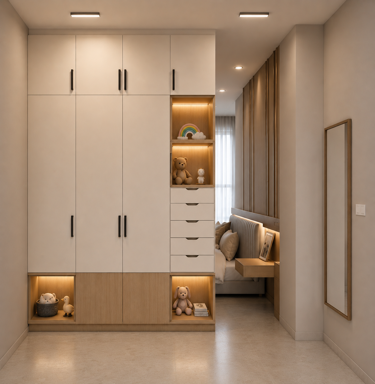 Wardrobe corridor with dressing mirror and open shelves